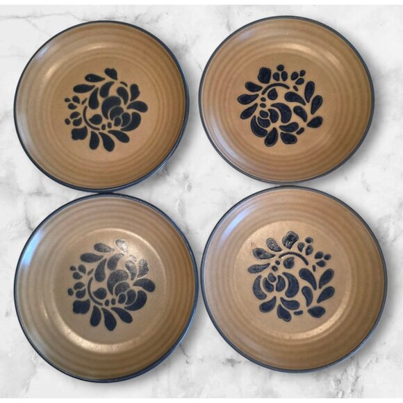Pfaltzgraff Folk Art Stoneware 4 Salad/Dessert/Bread Plates 7” Tan Blue Vintage - Picture 1 of 8